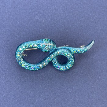 Brooch-pendant "Snake" blue enamel with iridescent crystals silver-colored metal 44x20mm +
