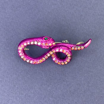 Brooch pendant Snake with pink enamel and rainbow crystals, silver-toned metal, 44x20 mm +