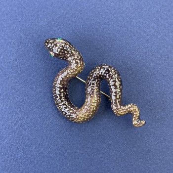 Snake brooch pendant, bronze color, enamel with green crystals, gold-tone metal, 30x55 mm +