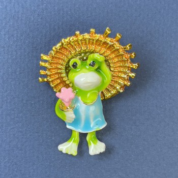 Frog Brooch in Yellow, Blue, and Light Green on Gold-Tone Metal 32×40 mm+