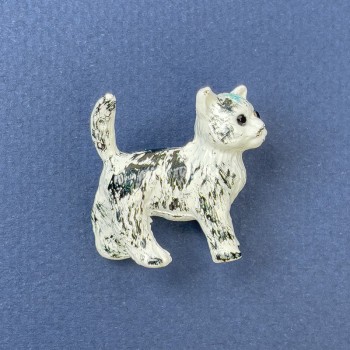 Cat Brooch with Black Crystals, White and Black Color, Gold-Tone Metal, 27x28mm+