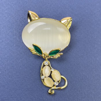 Cat Brooch with White Cat's Eye, White Crystals, Golden Metal, 34x58 mm+