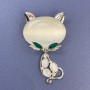 Cat Brooch with White Cat's Eye, White Crystals, Silver-Tone Metal 34x58mm+