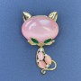 Cat Brooch with Pink Cat's Eye Stone, White Crystals, Golden Metal 34x58mm+