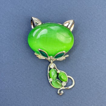 Cat Brooch with Green Cat's Eye, White Crystals, Silvery Metal 34x58mm+