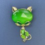 Cat Brooch with Green Cat's Eye, White Crystals, Golden Metal, 34x58mm+