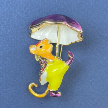 Brooch 'Misha' with violet rhinestones, yellow enamel, violet enamel, and white enamel, golden metal, 29x40mm+