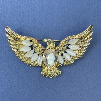 Brooch-pendant Eagle with Cat's Eye and yellow crystal, golden metal 44x73mm+
