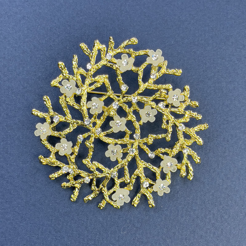 Branch Brooch-Pendant with White Flowers and White Rhinestones, Gold-Toned Metal, 60mm Diameter