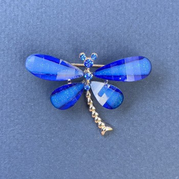 Brooch «Butterfly» with white and blue crystals, blue color on golden metal, diameter approx. 40 mm, length approx. 30 mm