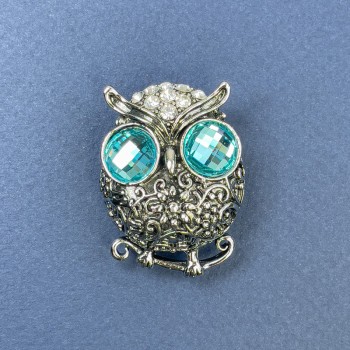 Owl Brooch with blue and white crystals, silver-toned metal, diameter 27 mm, length 38 mm