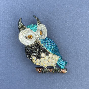 Owl brooch pendant with blue, black and rainbow crystals, enamel, silver-toned metal, diameter 23mm+-, length 50mm+-
