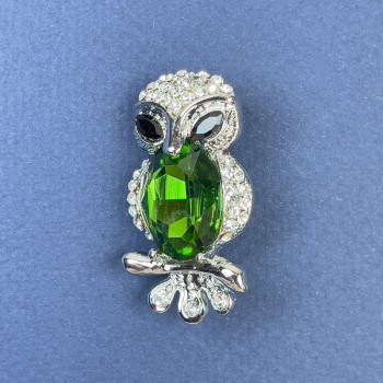 Owl Brooch with White Rhinestones and Green Crystal, Silver-Toned Metal, Diameter 19 mm ±, Length 37 mm ±
