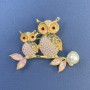 Owl Brooch with Pearl, Pink Crystals, Enamel, Golden Metal, diameter 55 mm ±, length 45 mm ±