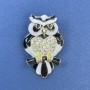 Owl brooch pendant with white crystals, white and black enamel, gold-toned metal, diameter 26 mm, length 41 mm