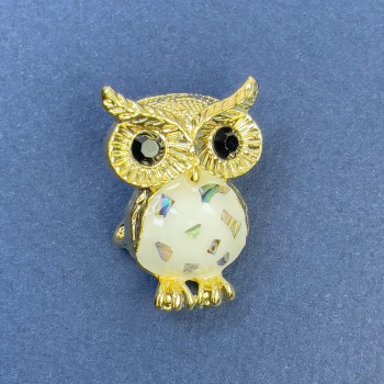 Brooch pendant Owl Halite with black rhinestones on gold-toned metal, diameter 19 mm, length 27 mm