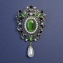 Accent Green Cat's Eye with Pearls Brooch-Pendant in Silver Metal 47x80mm+