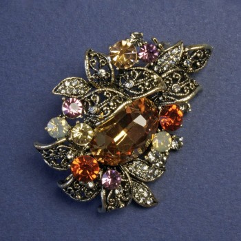Accent Brooch with Multicolored Rhinestones, 48×35 mm, Gold-Tone Metal