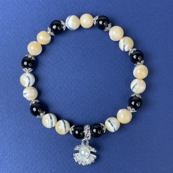 Beige natural mother-of-pearl bracelet with a smooth bead, 8.5 mm diameter and agate, length 18 cm ± stretch