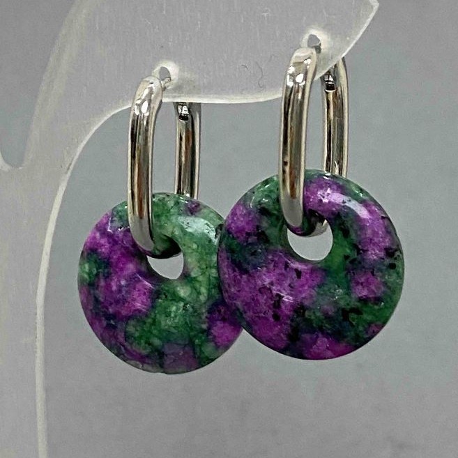 Zoisite Earrings, diameter about 18 mm, length about 31 mm, silvery metal