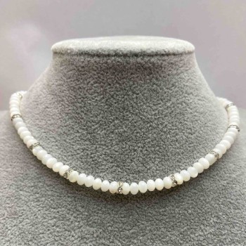 Choker with natural mother-of-pearl rondelle beads 5x3 mm +/- with metal inserts and white rhinestones, length 35-43 cm +/-