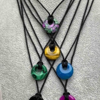 Black braided necklace cord, 1.9 mm diameter with donut pendant, 18 mm diameter, length approximately 58 cm with adjustable length