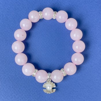 Bracelet with Rose Quartz — Smooth Beads, 12 mm Diameter ±, with Metal Inlays, Length 18 cm ± (Stretch)