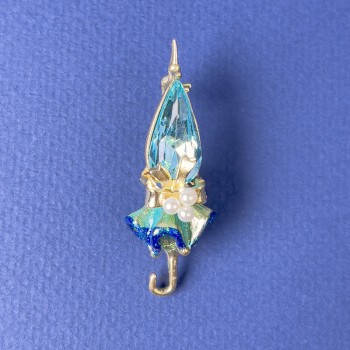 Umbrella Brooch with Blue Crystal and Pearls 46x16 mm ± Golden Metal