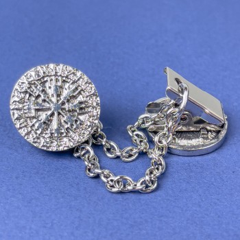 Brooch for Cardigans, Dark-Silver Metal, Diameter 20 mm ±, Chain Length 9 cm ±