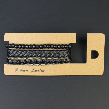 Triple Eco-Leather Bracelet with Adjustable Closure, Length 18-24 cm, Beads 6 mm, Stretch Length 18