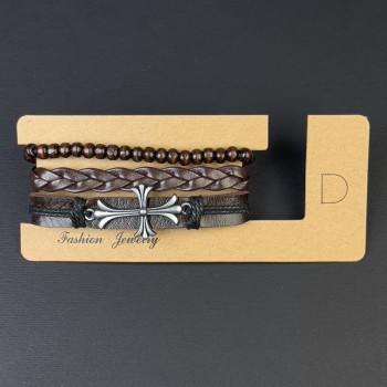 Triple Eco-Leather Bracelet with Cross Inlay, Adjustable Length 18-24 cm, Brown