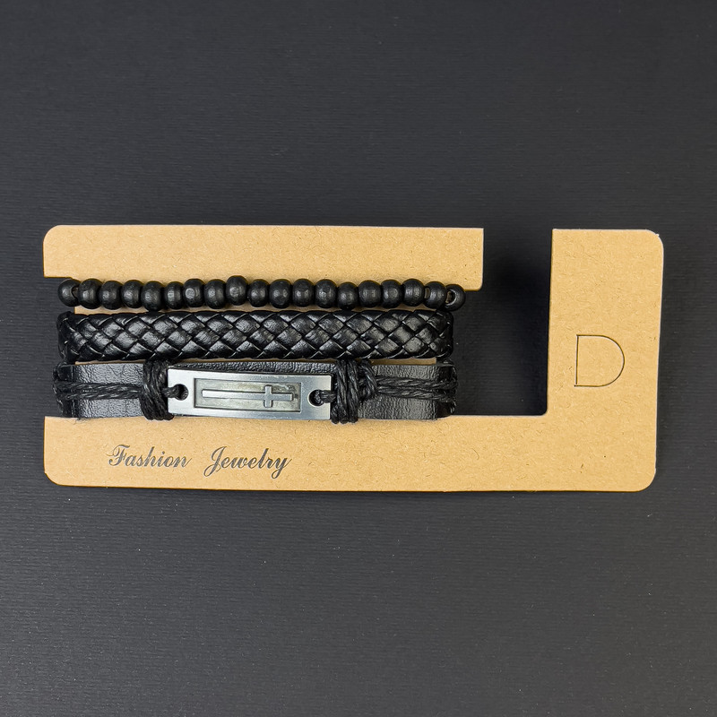 Triple bracelet, eco-leather with cross insert, draw-tight closure, length 18-24 cm, black