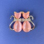 Cat Brooch with Pink Cat's Eye, White Crystals, Gold-Tone Metal, 31x38 mm