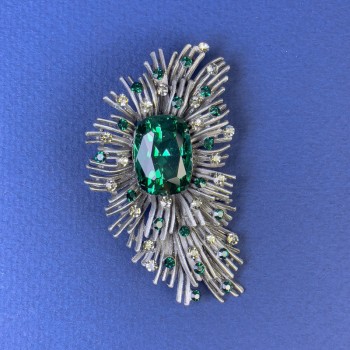 Accent Brooch with White and Green Rhinestones, Green Crystal, Dark Gray-Silver Metal, 60x36 mm