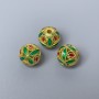 Cloisonné bead findings — green and red enamel, 10 mm diameter, hole diameter about 2–3 mm, gold-tone metal, 1 pc