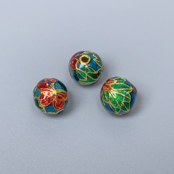 Cloisonné bead turquoise, red, and green enamel, diameter 10×9 mm, hole diameter about 1.8 mm, golden metal color, 1 pc