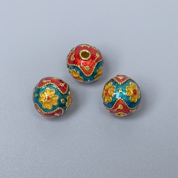 Cloisonné Bead Findings Turquoise-Red-Yellow Enamel, 10mm Diameter ± 2mm Hole, Gold-tone Metal, 1 pc