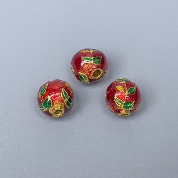 Cloisonne Bead, Red and Green Enamel, 9 mm Diameter, 2 mm Hole, Gold-Tone Metal, 1 Piece