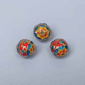 Cloisonné Bead Turquoise-Red Enamel, 10mm diameter, 1.5mm hole, gold-tone metal, 1 pc