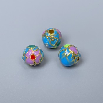 Cloisonné Bead in Lilac, Blue, Green, and Red Enamel, 8 mm Diameter, 1.5 mm Hole, Gold-Tone Metal Color, 1 pc