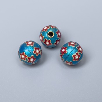 Cloisonné Bead - light blue with red enamel, diameter 10 mm +/- hole, hole diameter 2 mm, gold-tone metal, 1 pc