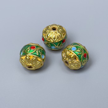 Cloisonné Bead — Green, Red & Blue Enamel, 11 mm diameter, hole 1.8 mm, gold-tone metal, 1 pc