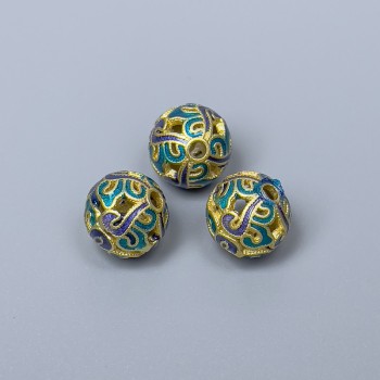 Cloisonné Bead, Blue Turquoise Enamel, 10mm Diameter ±, Hole Diameter 2mm, Matte Gold-Tone Metal, 1 Piece