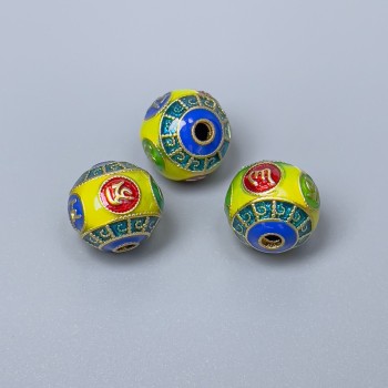 Cloisonné Bead Findings - Yellow, Blue, Green, Red Enamel; Diameter 10×9 mm; Hole 2 mm; Gold-tone Metal Color; 1 pc