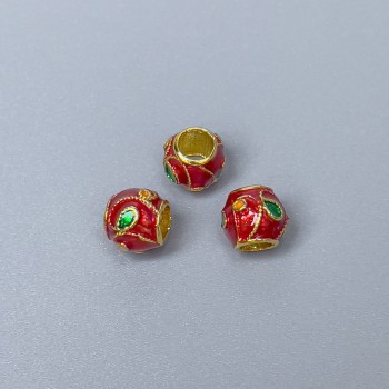 Cloisonné Bead Findings: Red-Green Enamel, 7x7 mm, hole diameter 3.8 mm, gold-tone metal, 1 piece