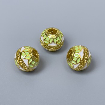 Cloisonné bead, salad-green white enamel, 10x9 mm, hole diameter 3.5 mm, gold-tone metal, 1 pc