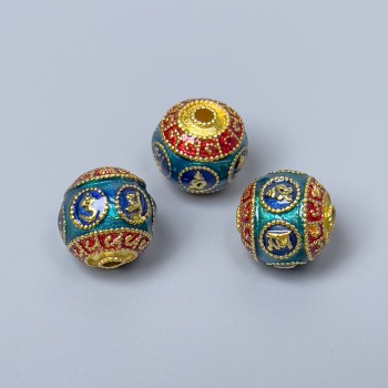Cloisonné Bead - Red, Blue and Turquoise Enamel, 10mm Diameter, 2mm Hole, Gold-Tone Metal, 1 pc