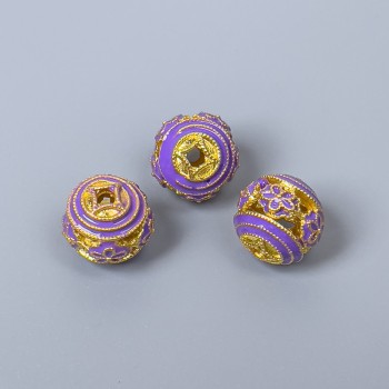 Cloisonné Bead Purple Enamel, 10 mm diameter, hole 1.8 mm, gold-tone metal, 1 pc