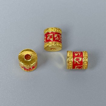 Cloisonné Bead Cylinder Red Enamel, 8×10 mm, hole 1.8 mm, gold-tone metal, 1 pc