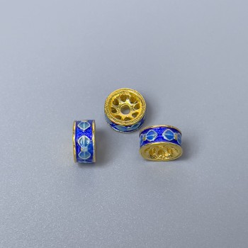 Cloisonné Rondel Bead, Blue-Azure Enamel, 8x4 mm, hole diameter 1.8 mm, gold-tone metal color, 1 piece